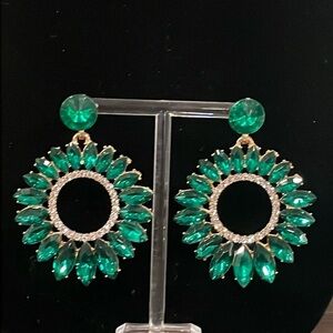 Emerald Green and rhinestone flower dangle earrings